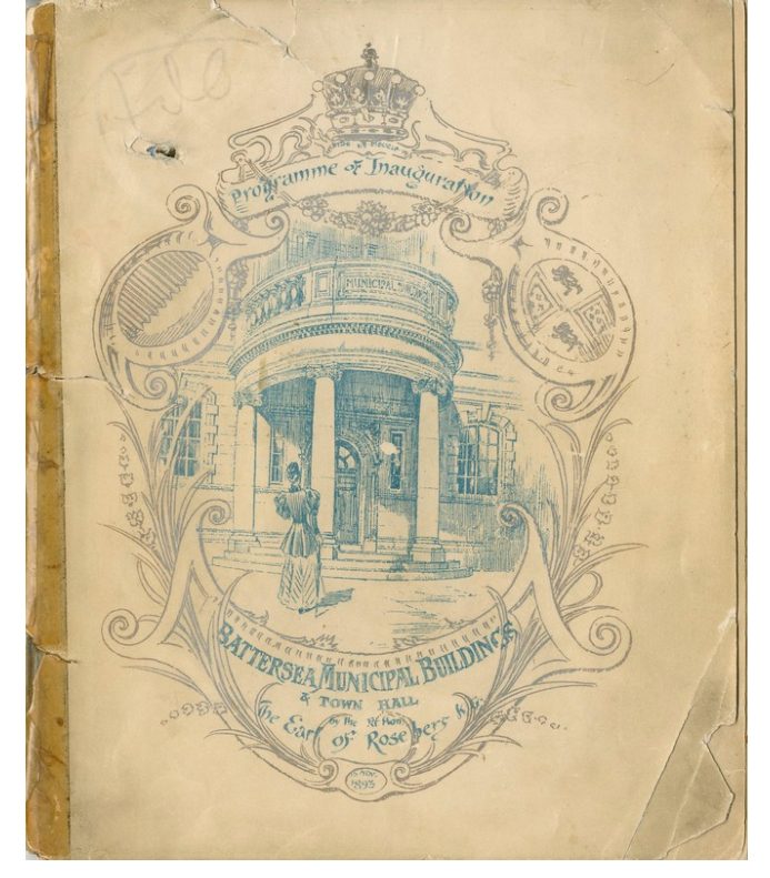 An old piece of paper, with perished sellotape on one side, with a drawing of the front of our building and embellishments around the outside. At the top the text says 'Programme of Inauguration', with a crown above, and at the bottom, 'Battersea Municipal Buildings and town hall, by the RT Hon The Ear of Roseberg'