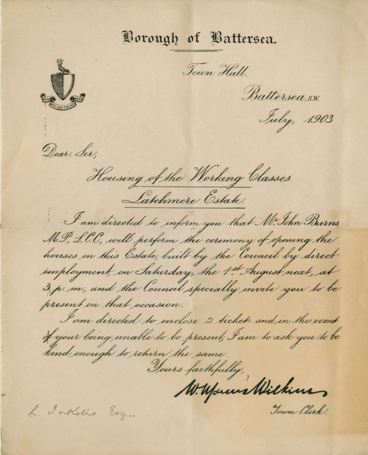 A letter from the Borough of Battersea, dated July 1903, written in calligraphy, entitled Housing of the Working Classes: Latchmere Estate