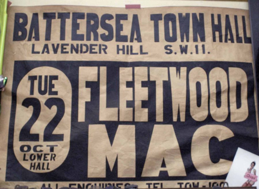 A navy blue and white poster with text reading 'Battersea Town Hall, Lavender Hill S. W. 11. Tue 22 Oct Lower Hall. Fleetwood Mac'