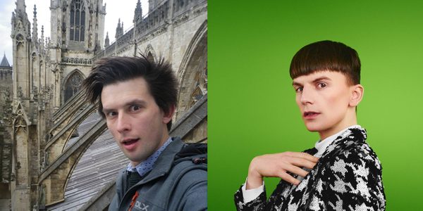 Two images spliced together: on the left, a white man stands outside a cathedral, on the right a white man poses against a green background.