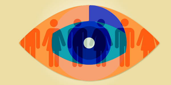 An orange, blue and turqoiuse illustration of an eye. Pale grey male and female figures are visible behind it.
