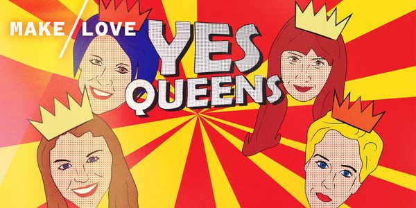 A comic strip style image. Red and Yellow striped background with YES QUEENS text central in comic strip font. The faces of performance illustrated surrounding the text.