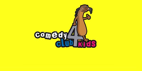 Against a bright yellow background, colourful bubble text reads: Comedy Club 4 Kids'. A cartoon beaver leans against the 4.