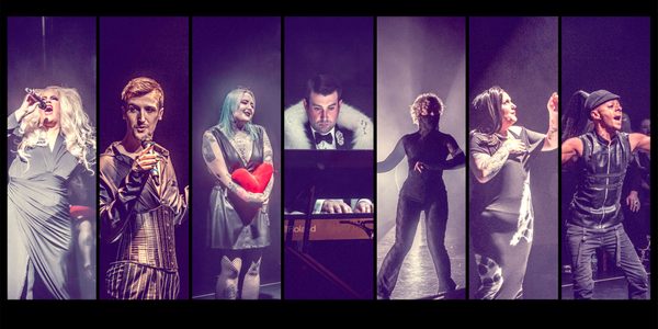 An slideshow image broken up into rectangles of performance images of the cast on stage. They are in cabaret style clothing in low lighting.