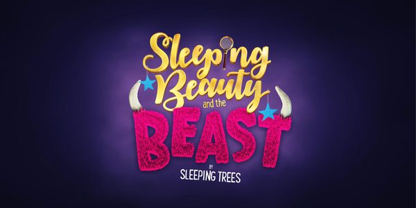 A colourful text logo. Sleeping Beauty in gold italicised lettering sits above pink furry block letters saying BEAST. There are horns on the end of the B and T.