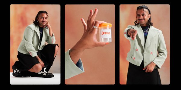 First Trimester by Krishna Istha Three images in portrait format. From left to right; a person kneeling looking at the camera, someone holding a sample cup with the words 'semen' written, and a person pointing at the camera
