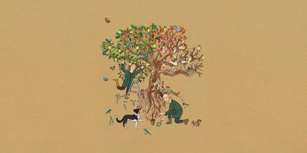 Two people, a dog and various woodland creatures gather around a single tree. Illustration by Louise Boulter