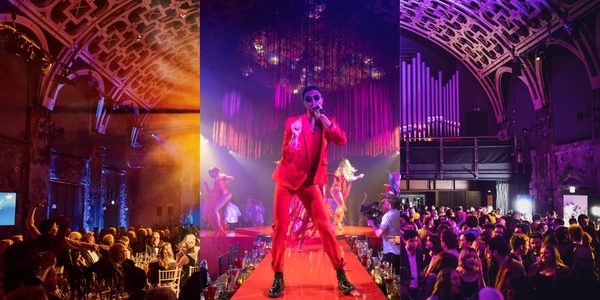 A montage of three events at Battersea Arts Centre, all with orange and purple lighting. Guests seated for a dinner, a red suited performer on a red catwalk, and guests standing at an awards ceremony