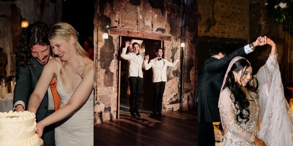 A montage of three photos showing couples enjoying their wedding day against the backdrop of an atmospheric hall (BAC's Grand Hall)