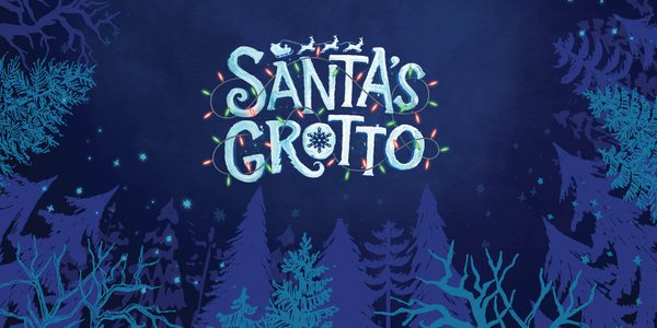 Santa's Grotto An inky black sky with icy trees surrounding the edge. In the centre, letters made of icicles read 'Santa's Grotto' with twinkling fairy lights weaved between them.