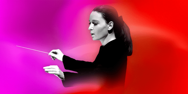 Female presenting figure in profile pose. Arms outstretched holding a conductor's baton.