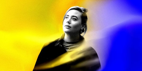 A black and white cut out image of soprano Lotte Betts-Dean on a blue and yellow background