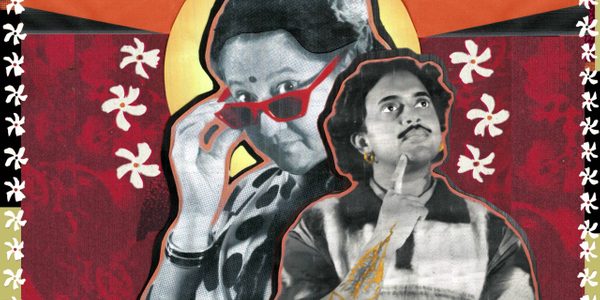 A black and white photo of a woman with a bindi and red sunglasses she is peering over, collaged behind a photo of a man with gold earings and a moustache. The background is painted red and orange with flowers.