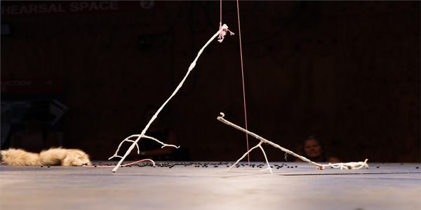 On top of a black tabletop, two white sticks being puppeteerd by pink string. Blurred in the background are scattered black beads, a strip of light brown fur, and a curious audience in the shadows.