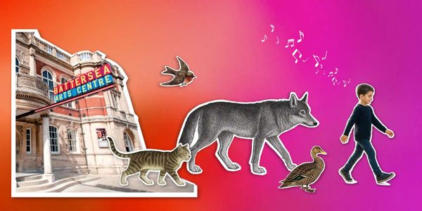 Young boy leading a group of animals away from the BAC building. There is a wolf, a duck, a robin, and a cat following the young boy. Musical notes float in the air.