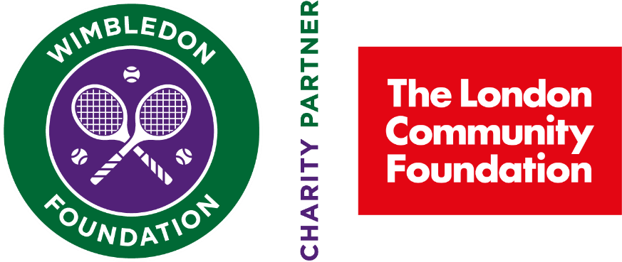 The logos for the Wimbledon Foundation and the London Community Foundation. A green circle that has 'Wimbledon Foundation' written in white curving around it, with two tennis rackets crossed at its centre in front of a smaller purple circle. The words 'Charity Partner' are written vertically through the centre of the logo. There is a red rectangle with 'The London Community Foundation' written in white in front of it. 