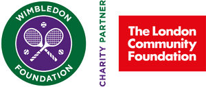 The logos for the Wimbledon Foundation and the London Community Foundation. A green circle that has 'Wimbledon Foundation' written in white curving around it, with two tennis rackets crossed at its centre in front of a smaller purple circle. The words 'Charity Partner' are written vertically through the centre of the logo. There is a red rectangle with 'The London Community Foundation' written in white in front of it.