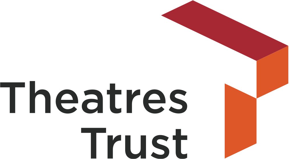 Theatres Trust is written out in black plan font, with the 3D outline of a T in orange squares to the right of the words.