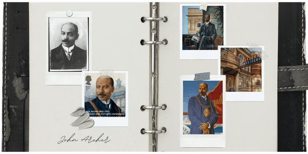 A black notebook containing various images of John Archer, attached using tape or a pin. Three blobs of grey paint are smeared next to each other on one of his images, with the name “John Archer” written at the bottom left-hand side of the notebook.