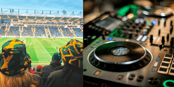 A split image - the left half of the image is of a rugby stadium with a rugby match playing. The view is from amongst the spectators seating, with the back of heads of other spectators, some wearing hats with a jamican flag design. The right half o the image if of a DJ music equipment.