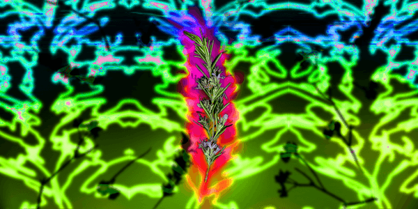 A twig of lavender floating in space, with more twigs of lavender and other wild flowers floating in the background. Colours hae been emphasised and distorted to create a psychedelic effect.