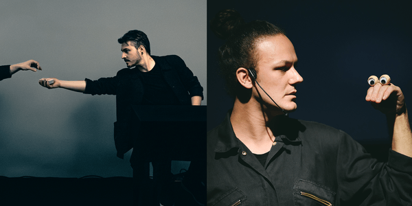 Two images are placed next to each other horizontally. On the left, a man with long brown hair tied up in a bun is using his hand as a puppet with two googly eyes stuck on top of his fingers. On the right, another man is sat down and dressed all in black, and is reaching over to the right with a deck of cards in his hand. There is a hand that is just visible, reaching out to pick their card.